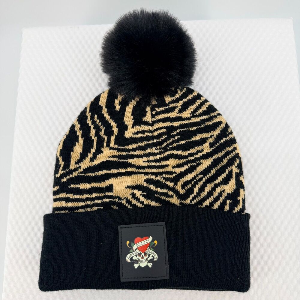 Ed Hardy Love Kills Slowly Beanie Hat Zebra Print Pom Pom Y2K Skull OS